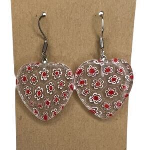 Handmade Floral Heart Drop Earrings Clear Resin Red Flower Y2K Romantic Jewelry